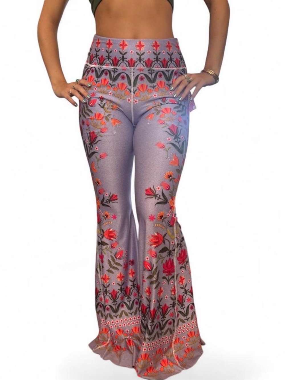 Yoga Democracy “Lavender Love” Floral Print Bell-Bottom Flare Pants Size M